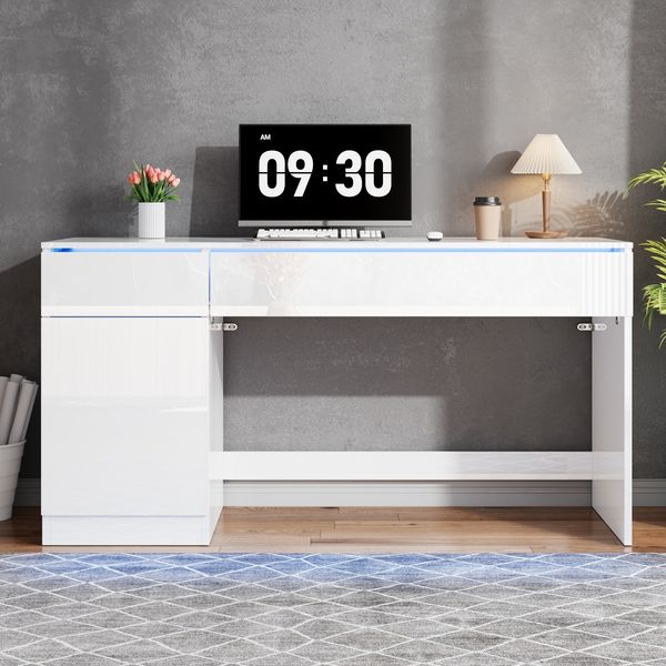 Flieks Hochglanz Schreibtisch 120 x 50 x 78 cm mit LED-Beleuchtung, Computertisch mit 2 Schubladen, Schminktisch, Push-to-Open Tür, weiß