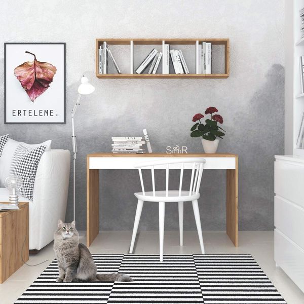 Modern Study Desk with Wall Shelf, Oak Color, 120 x 74 x 60 cm | 100% Melamine Coated Particle Board, 18 mm Thick | Stylish & Functional for Home Office