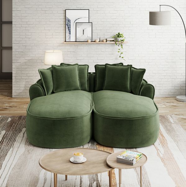 Modulsofa mit Sitztiefe 122 cm – rahmenloses Chenille-Sofa in Grün, 2-teilig