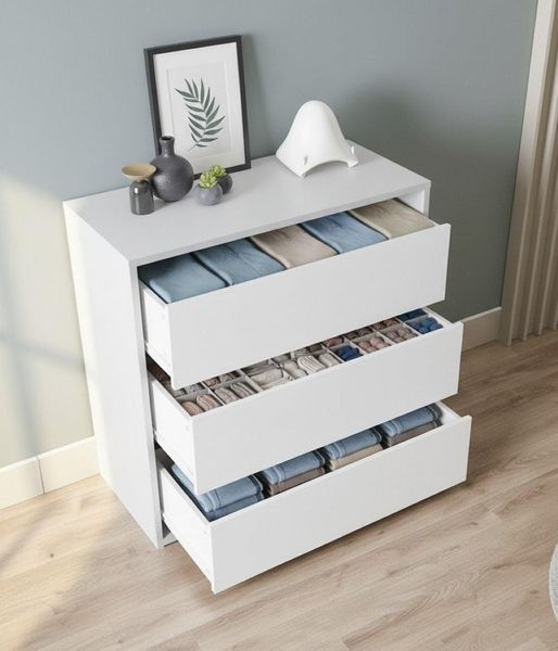 Dmora - Kommode mit Schubladen Newport, Kommode mit 3 Schubladen, Niedrige Kommode für Innengarderobe, Moderne wöchentlich, cm 60x44h57, Weiß