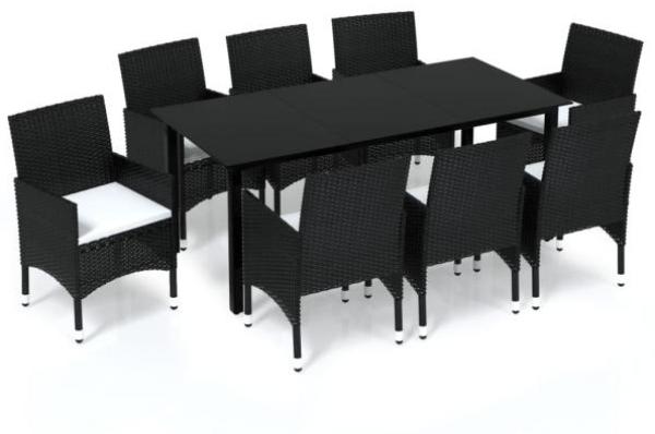 vidaXL 9-tlg. Garten-Essgruppe mit Kissen Poly Rattan Schwarz 3094978