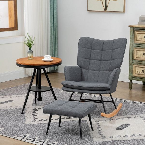 HOMCOM Schaukelsessel mit Hocker, Relaxsessel mit Leinenoptik (Armlehnsessel, 2-St, Schwingsessel), für Wohnzimmer, Schlafzimmer, Grau