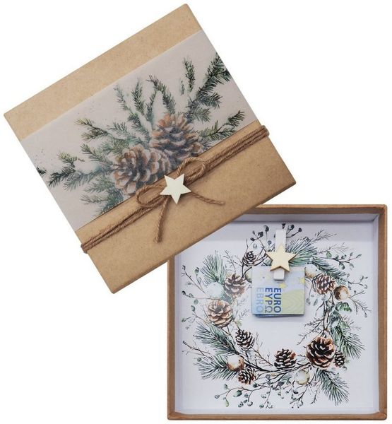 ZauberDeko Geschenkbox Geldgeschenk Kraft Banderole Tannenzweig Zapfen MIT NAMEN Weihnachten