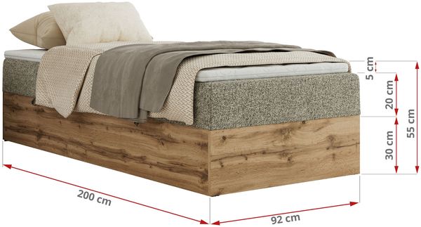 Boxspringbett, Einzelbett WOOD ZERO 90 x 200 cm, Hotelbett ohne Kopfteil, Bett mit Stauraum, 7-Zonen Multipocket-Matratze - Grau Strukture - H3 - Topper T25 Bild 6