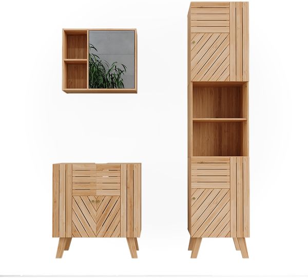 Badmöbel-Set Lucie Bambus 3 Teile, mit Hochschrank Vicco
