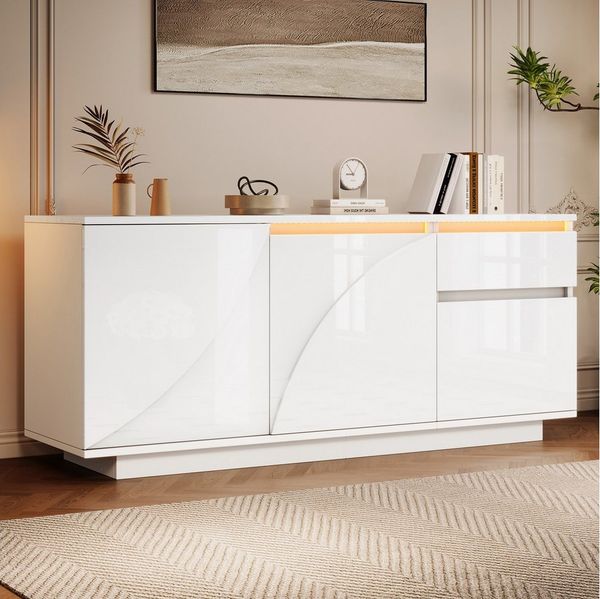 Merax Sideboard mit LED-Lichtleist (1 St, Wohnzimmerschrank 140x40x60cm), Kommode mit 3 Schränken, 1 Schublade, verstellbaren Einlegeböden