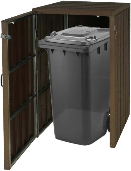 1er WPC-Mülltonnenverkleidung HWC-J28, Premium Mülltonnenbox, Metall Holzoptik, erweiterbar ~ braun