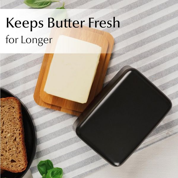 MiaMio Butterdose Butterdose Keramik mit Bambusdeckel Schwarz, Keramik, Bambusdeckel als Schneidebrett