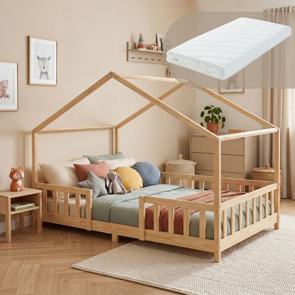 Kinderbett Treviolo 120x200 cm mit Kaltschaummatratze und Gitter Holz Natur [en. casa]