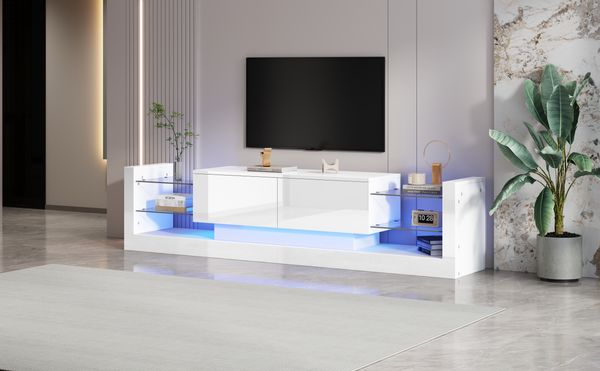TV-Schrank 181x38x38 cm, Hochglanz Weiß mit Glasfront, LED-Beleuchtung & 2 klappbaren Schubladen