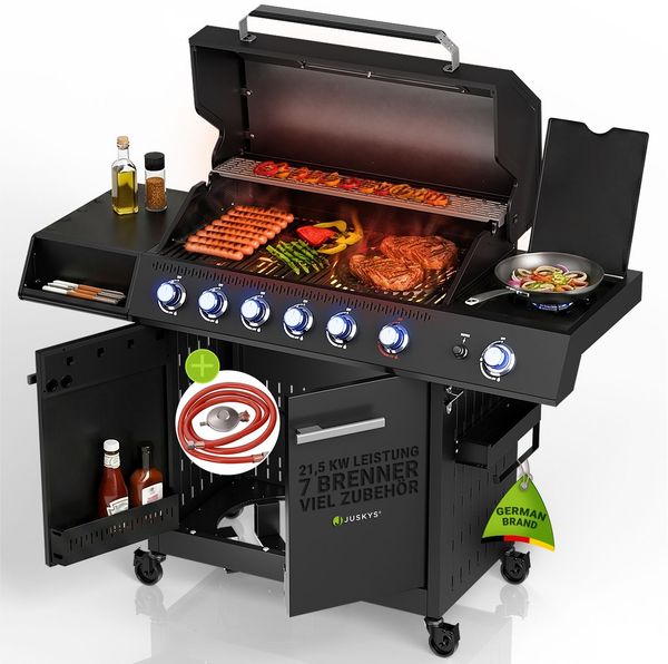 JUSKYS® Gasgrill Tennessee 6+1 – Grillwagen mit 6 Edelstahlbrennern, Seitenkocher, Gusseisenrosten, Glasdeckel mit Thermometer, LED-Knöpfen & Abdeckung