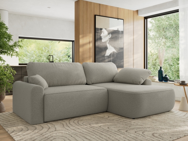 Ecksofa, L-förmiges, lose Kissen, DL-Schlaffunktion, (H 100 x T 187 x B 273 cm) - CUBO L - Boucle Hellgrau - rechte Seite