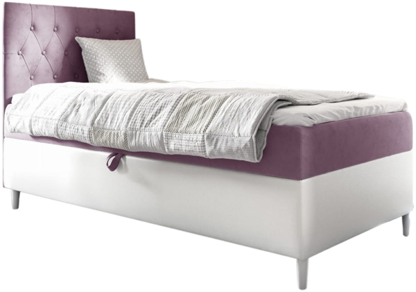 MEBLINI Kinderbett mit Bettkasten FILIPPO 1 80x200 Links – H3/Lila Samt Gepolstert Einzelbett mit Matratze - Polsterbett mit Stauraum - Bett mit Kopfteil – Stauraumbett