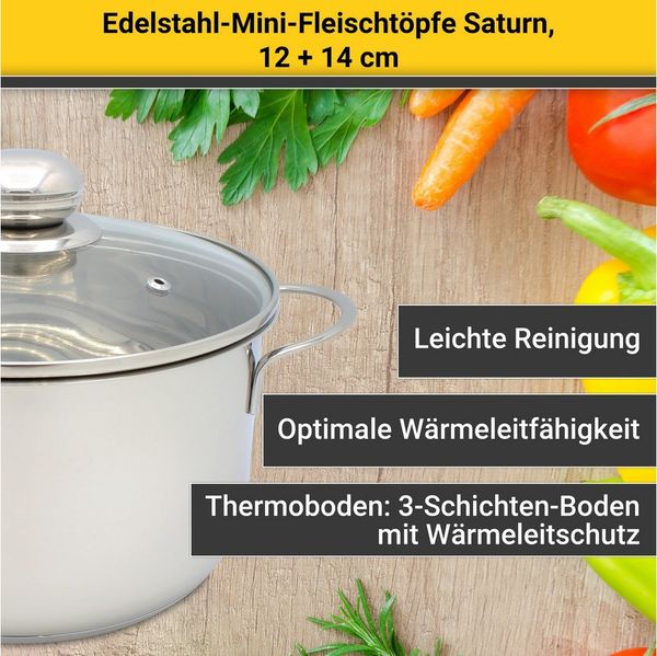 Krüger Topf-Set Saturn, Edelstahl (Set, 2-tlg, 1x Fleischtopf Ø 12 cm, 1x Fleischtopf Ø 14 cm, je mit Deckel), für Induktions-Kochfelder geeignet