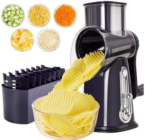 Rhein Beleuchtung Gemüsehobel 5-in-1 Rotationsreibe mit Kurbel & Saugnapf für Gemüse & Käse, 18/10 Edelstahl, Kunststoff, (Set, 1-St, Multifunktionaler Küchenhelfer, sicher & leicht zu reinigen), 5 auswechselbare Edelstahlklingen, rutschfester Standfuß