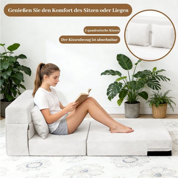 BlingBin Schlafsofa 3 in 1 klappbares Bodensofa Klappmatratze Schaumstoff extra dick 15cm, 210B x 80T x 15H cm 1 Teile, in Matratze umwandelbar, mit 2 Kissen