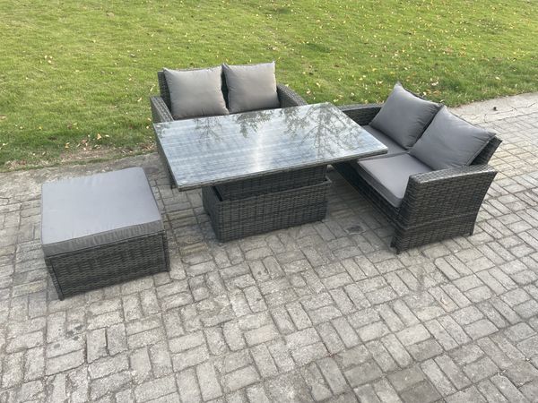 Fimous 4 Stücke Gartenmöbel Set Sitzgruppe im Garten und Balkon Einstellbare Höhe Esstisch Sofa Set mit Großer Fußhocker