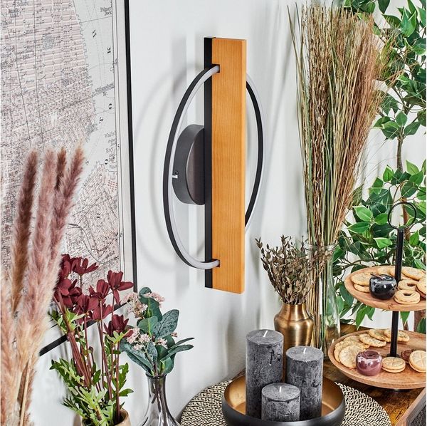 hofstein Wandleuchte Wandlampe aus Holz/Metall/Kunststoff in Natur/Schwarz/Weiß, Wandleuchte im Retro/Vintage-Design mit Holzbalken