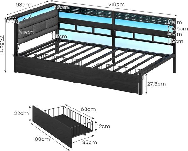 KIMENICH Daybett Schlafsofa mit LED-Beleuchtung, Ladestation und 2 Schubladen (1 tlg), Polsterbett Jugendbett 90x200 cm