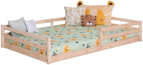 Ticaa Kinderbett, Neo Hausbett Bodenbett mit Rausfallschutz 150kg, inkl. Lattenrost & abnehmbarem Rausfallschutz, 140x200, Natur