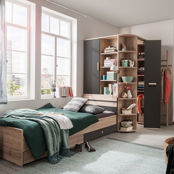 Lomadox Jugendzimmer-Set CANTON-43, (Sparset, 4-tlg), Eiche Nb, graphit, 90x200 cm Liegefläche, begehbarer Kleiderschrank