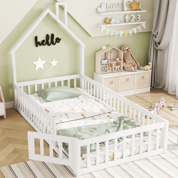 Kinderbett Hausbett aus Kiefernholz mit Lattenrost, 90x200 cm, Weiß, ohne Matratze