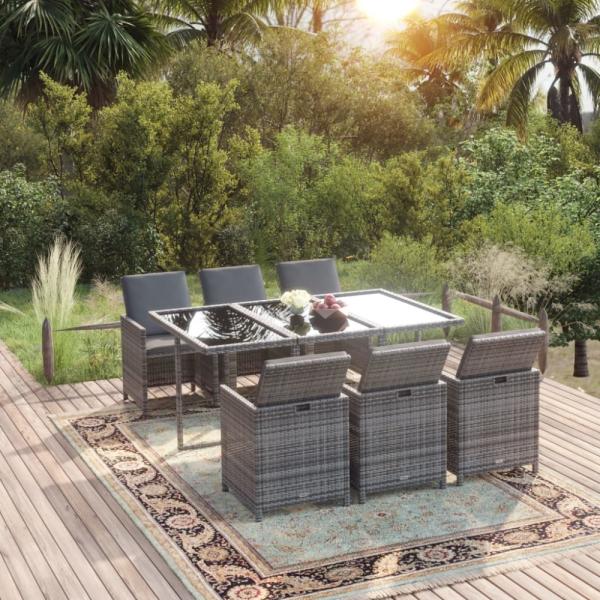 vidaXL 7-tlg. Garten-Essgruppe mit Kissen Poly Rattan Grau 3095536