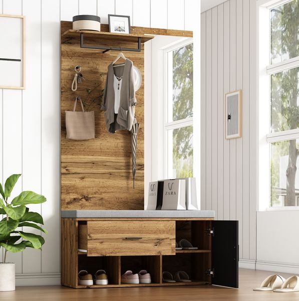 Garderobenset 104 x 39 x 190 cm in Eichefarben, mit Spiegel, Schuhbank, Schublade und Schuhschrank