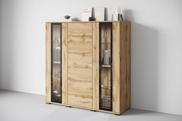 Home affaire Highboard Caro, modernes Design mit Glaseinsätzen, Breite 120 cm (1 St), grifflose Fronten mit Push-to-Open, höhenverstellbare Einlegeböden