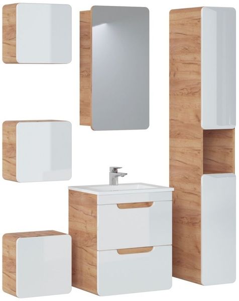 Badmöbel Set 6-tlg Badezimmerset FERMO Weiss HGL inkl. Waschtisch 50cm