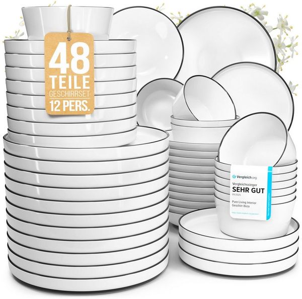 PURE LIVING INTERIOR DESIGN Geschirr-Set Pure Living »Scandi« (48-tlg), 12 Personen, Porzellan weiß, 12 Personen, Porzellan, Zeitloses skandinavisches Design, Eleganter schwarzer Rand, Minimalis…