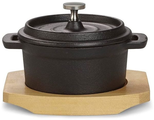 ECHTWERK Kochtopf Mini Cocotte, Gusseisen (2-tlg, Mini-Kochtopf inklusive Servierbrett), Kleiner Bräter, Bereits eingebrannt