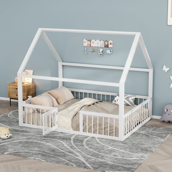 Kinderbett 140x200 cm aus Metall – Hausdesign mit Sicherheitsgeländer, weiß