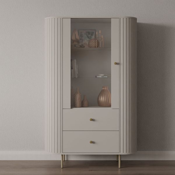 Ovalio Vitrine Typ 112 Standvitrine Schublade Modern Wohnzimmer Farbwahl Sandbeige, Cremona-Eiche und Dunin-Eiche