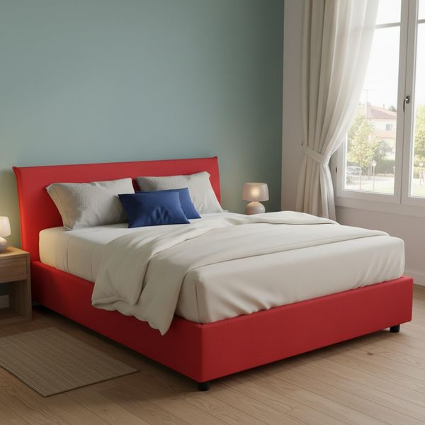 Talamo Italia - Doppelbett Brenda, Bettkasten mit Stoffbezug, 100 % Made in Italy, Öffnung vorne, inklusive Matratze 160x200 cm, Rot