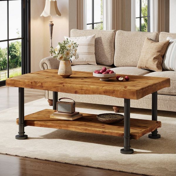 Tribesigns Couchtisch 120 cm, Beistelltisch aus Massivholz mit naturbelassenen Kanten