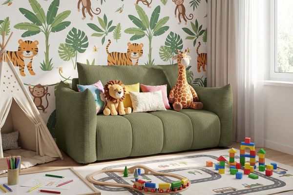 WFL GROUP Kindersofa Lilo Jugendsofa mit Schlaffunktion & Bettkasten, Schlaffläche 120 × 150 cm, 2-Sitzer, kleine Couch aus weichem Cordstoff fürs Jugendzimmer