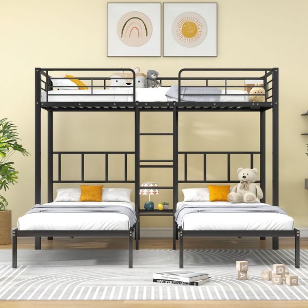 Bett 90x200 cm Dreifach-Etagenbett aus Metall mit Leiter und Fallschutz, ohne Matratze