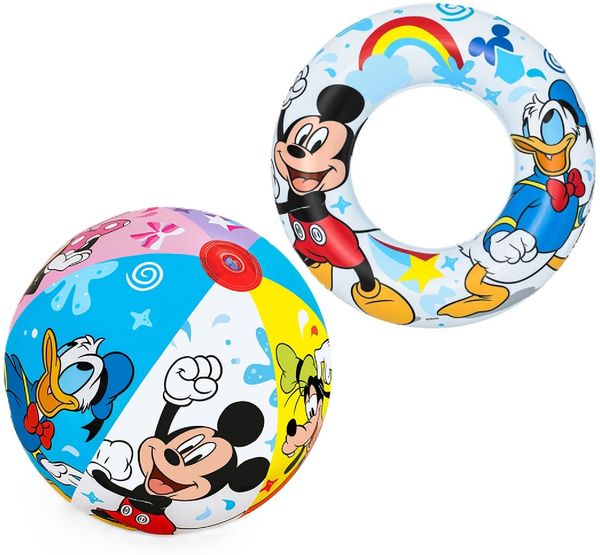 Bestway | Disney Junior - Schwimm- & Spielset | Schwimmring Ø 56 cm & Wasserball Ø 34 cm | aufblasbar | Mickey & Friends Design | perfekt für Pool, Strand & Urlaub