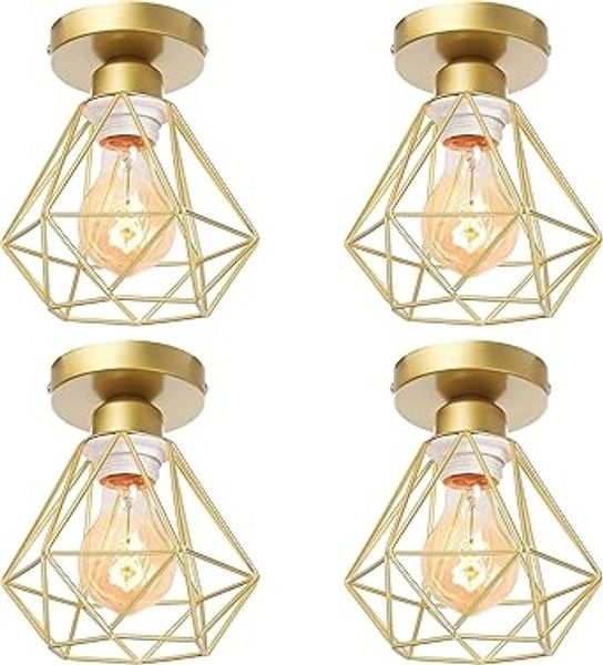 iDEGU 4-teiliges Deckenleuchten-Set im Industrial-Vintage-Stil – E27-Hängeleuchten mit Retro-Diamantkafig-Design – Deckenlampen aus Eisen fur Flure, Wohnzimmer, Küchen und Schlafzimmer – Durchmesser 16 cm (Kafig B, Gold)