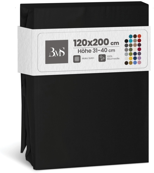 Bettwaesche-mit-Stil Mako-Satin Spannbettlaken schwarz 120x200cm Höhe 31-40cm Bild 1