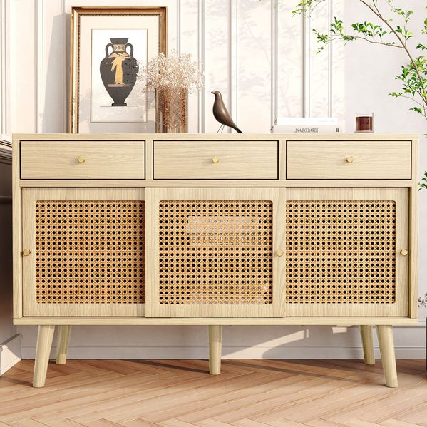 Sideboard 120x40x78 cm mit 3 Schubladen und Rattangriff – Elegantes Design in Eiche