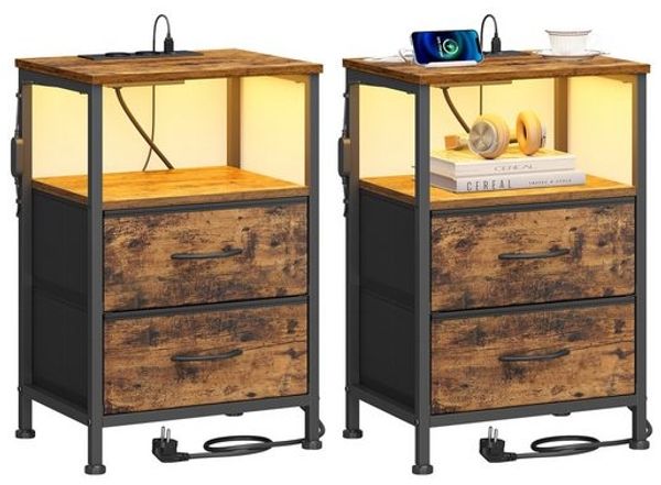 SONGMICS Nachttisch mit LED-Beleuchtung und Ladestation, 2er Set, Nachttisch mit 2 Schubladen und offenem Fach, braun