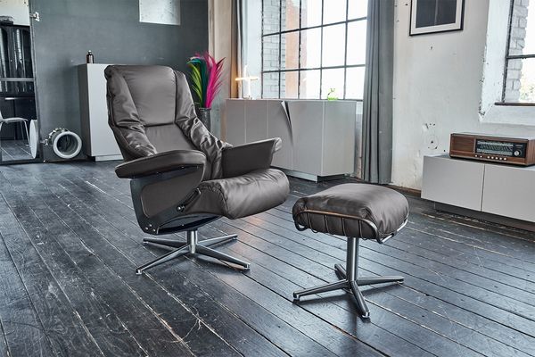 KAWOLA Sessel MODO Relaxsessel drehbar Leder dunkelgrau mit Hocker 98 x 90 x 81 cm