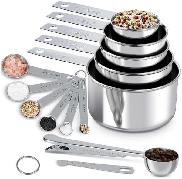 AIMAX Messlöffel Messbecher und Löffel Edelstahl 13 Set, Edelstahl, 5 Messbecher, 6 Messlöffel, Messlineal, dosierlöffel Clip