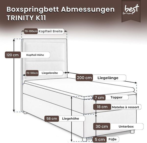 Best for Home Boxspringbett Trinity K-11 SINGLE mit Bettkasten & Bonellfederkern (70x200 80x200 90x200 100x200 cm), verschiedene Liefermöglichkeiten, TOP Preis-Leistungs-Verhältnis