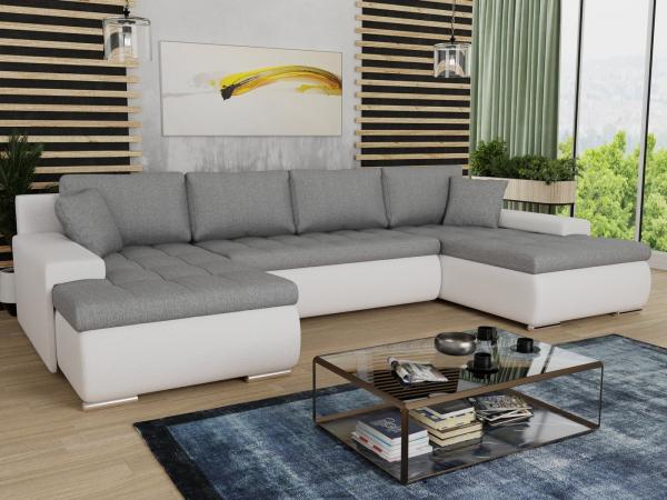 Wohnlandschaft mit Schlaffunktion Faris U-Form - Couch, Schlafsofa mit Bettkasten, Couchgranitur mit Bettfunktion, Big Sofa, Bettsofa (Weiß + Grau (Madryt 120 + Inari 91))