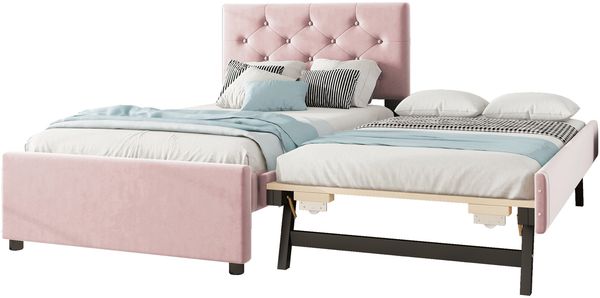 Polsterbett, 90x200cm, Bett mit Lattenrost (ohne Matratze), Bett mit Rollcontainer, Samt, Minimalistisch, Rosa Bild 6