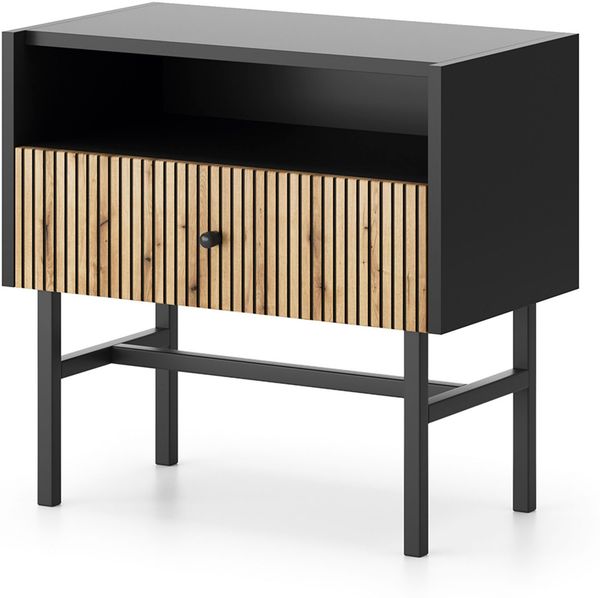 AX LIVING Nachttisch mit Schublade Dinley 55 cm Schwarz mit Eiche-Riffel