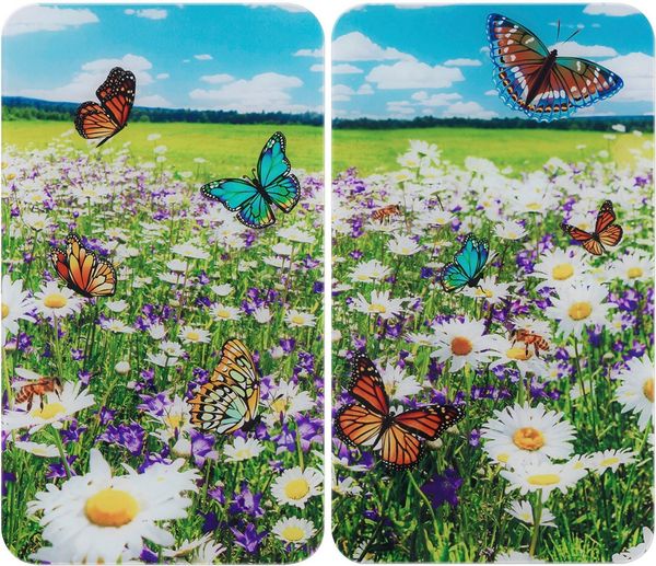 WENKO Herd-Abdeckplatte Universal Modell Sommerwiese, Glas, (Set, 2 tlg), Herdabdeckung für alle Herdarten, kratzfest, mit rutschfesten Füßen